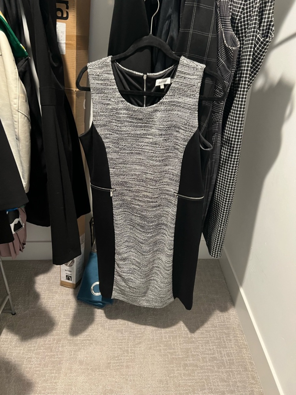 Calvin Klein Black and Gray Tweed-Panel Midi Sheath Dress